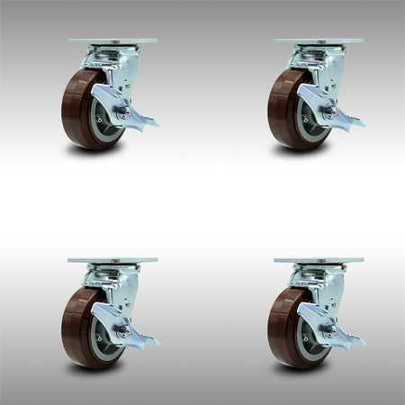 SERVICE CASTER 5 Inch SS Polyurethane Caster Set with Ball Bearings and Brake/Swivel Lock SCC SCC-SS30S520-PPUB-TLB-BSL-4